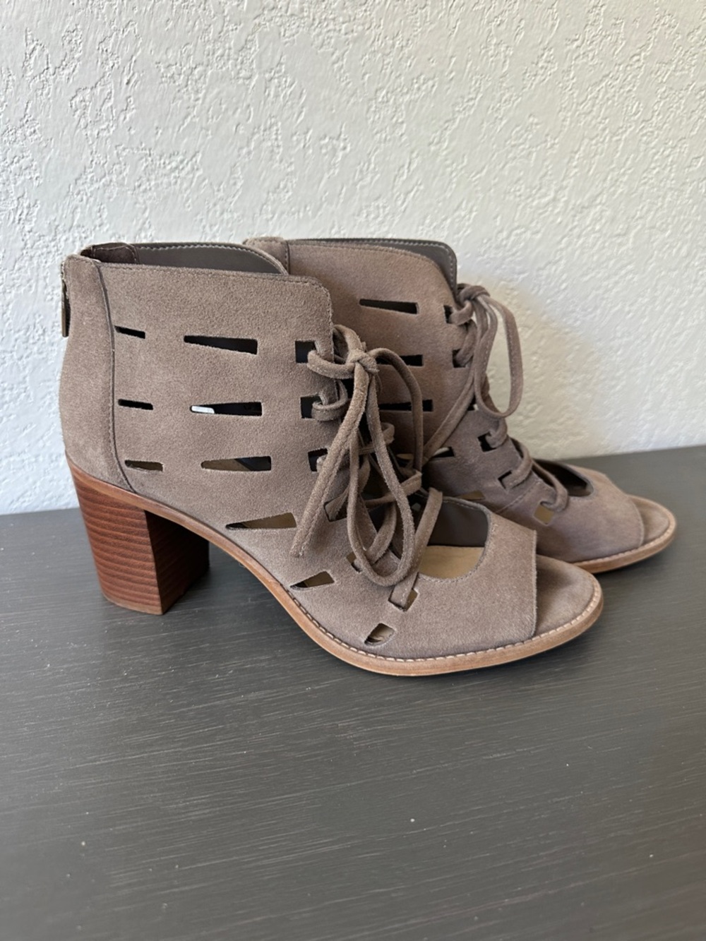 Vince Camuto Taupe Suede Cutout Lace-Up Block Heel Booties
